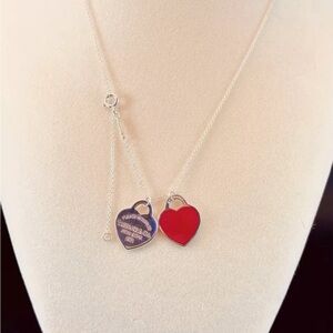 Please Return to Tiffany Red Enamel & Sterling Double Heart Adj 18” Necklace NEW